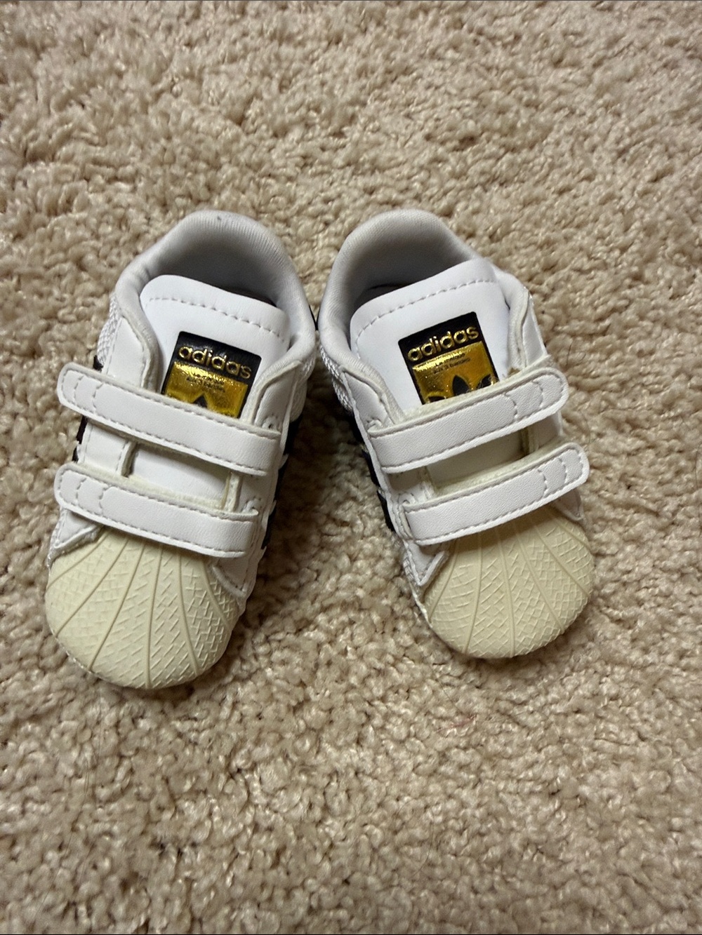 adidas White & Cream Baby Superstar Velcro Sneakers with Gold Logo